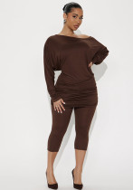 Women Autumn/Winter Asymmetrical Off-Shoulder Stacked Gathered Long-Sleeved Top and Cropped Pants Two-Piece Set Women Autumn/Winter Asymmetrical Off-Shoulder Stacked Gathered Long-Sleeved Top and Cropped Pants Two-Piece Set