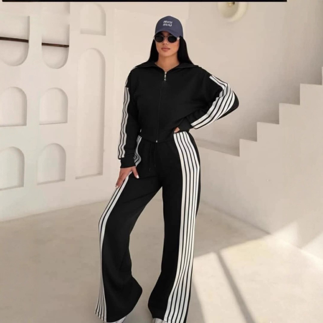 Women Color-Blocked Long-Sleeved Zipper Top and Pants Two-Piece Set