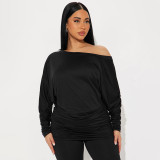 Women Autumn/Winter Asymmetrical Off-Shoulder Stacked Gathered Long-Sleeved Top and Cropped Pants Two-Piece Set