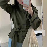 Women Autumn Belt Long-Sleeved Solid Stand Collar Trench Coat
