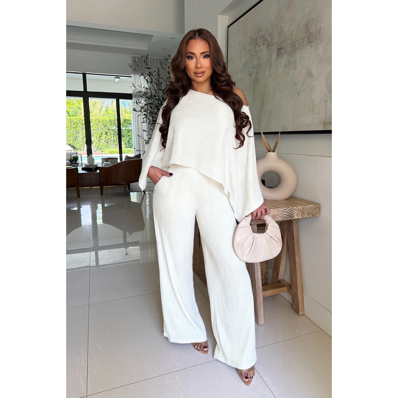 Women's Fashion Set Stretch Crinkle Bat Sleeve One-Sleeve Top Wide-Leg Pants