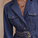 Women Long-Sleeved Top and Denim Skirt with Belt Two-Piece Set