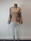 Women Autumn Belt Long-Sleeved Solid Stand Collar Trench Coat