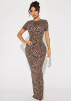 Women's Fashion Leopard Print Stretch Short Sleeve Slim Long Dress Women's Fashion Leopard Print Stretch Short Sleeve Slim Long Dress