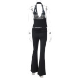 Women Autumn Sexy Backless Halter Neck Strapless Top and Solid Bell Bottom Pant Two-Piece Set