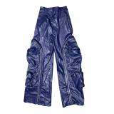 Women's Winter Zipper Detachable Multi-Pocket Fashion Leather Pants