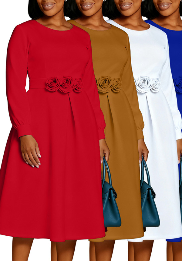 Women's Autumn Winter Solid Color Round Neck Floral A-line Dress