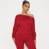 Women Autumn/Winter Asymmetrical Off-Shoulder Stacked Gathered Long-Sleeved Top and Cropped Pants Two-Piece Set