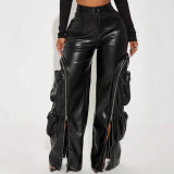 Women's Winter Zipper Detachable Multi-Pocket Fashion Leather Pants