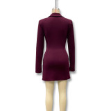 Women Autumn/Winter Solid V Neck Turndown Collar Pleated Blazer Dress