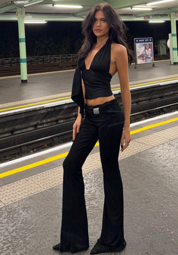 Women Autumn Sexy Backless Halter Neck Strapless Top and Solid Bell Bottom Pant Two-Piece Set