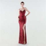 Women's Luxury Sequin Beaded Slim Waist Evening Gown