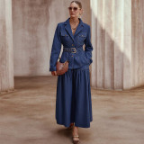 Women Long-Sleeved Top and Denim Skirt with Belt Two-Piece Set