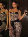 Women Winter Leopard Print Mesh Lace-Up Jumpsuit