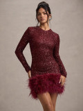 Women Sexy Long-Sleeved Solid Sequin Feather Round Neck Dress