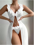 Women's Seductive Lingerie Set Low-Cut Floral See-Through Mesh Lace Slit Long Dress
