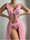 Women's Seductive Lingerie Set Low-Cut Floral See-Through Mesh Lace Slit Long Dress