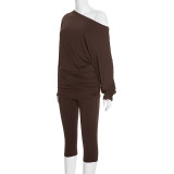 Women Autumn/Winter Asymmetrical Off-Shoulder Stacked Gathered Long-Sleeved Top and Cropped Pants Two-Piece Set