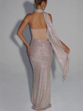 Women Sequined Ribbon Sleeveless Strapless Formal Party Dress