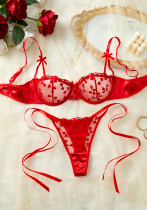Women's Romantic Heart Print Embroidery See-Through Bow Lace-Up Mesh Satin Lingerie Set