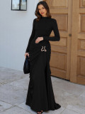 Women Autumn/Winter Solid Round Neck Long-Sleeved Metallic Pleated Bodycon Dress