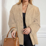 Women Spring Brown Pocket Long-Sleeved Blazer Jacket