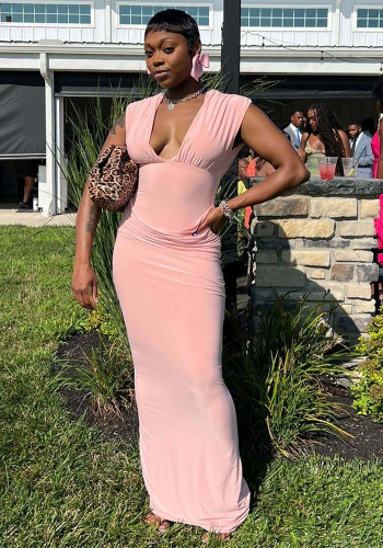 Women Sexy Elegant V-Neck Solid Maxi Dress