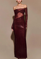 Women See-Through Sexy Long Off-Shoulder Dress Women See-Through Sexy Long Off-Shoulder Dress