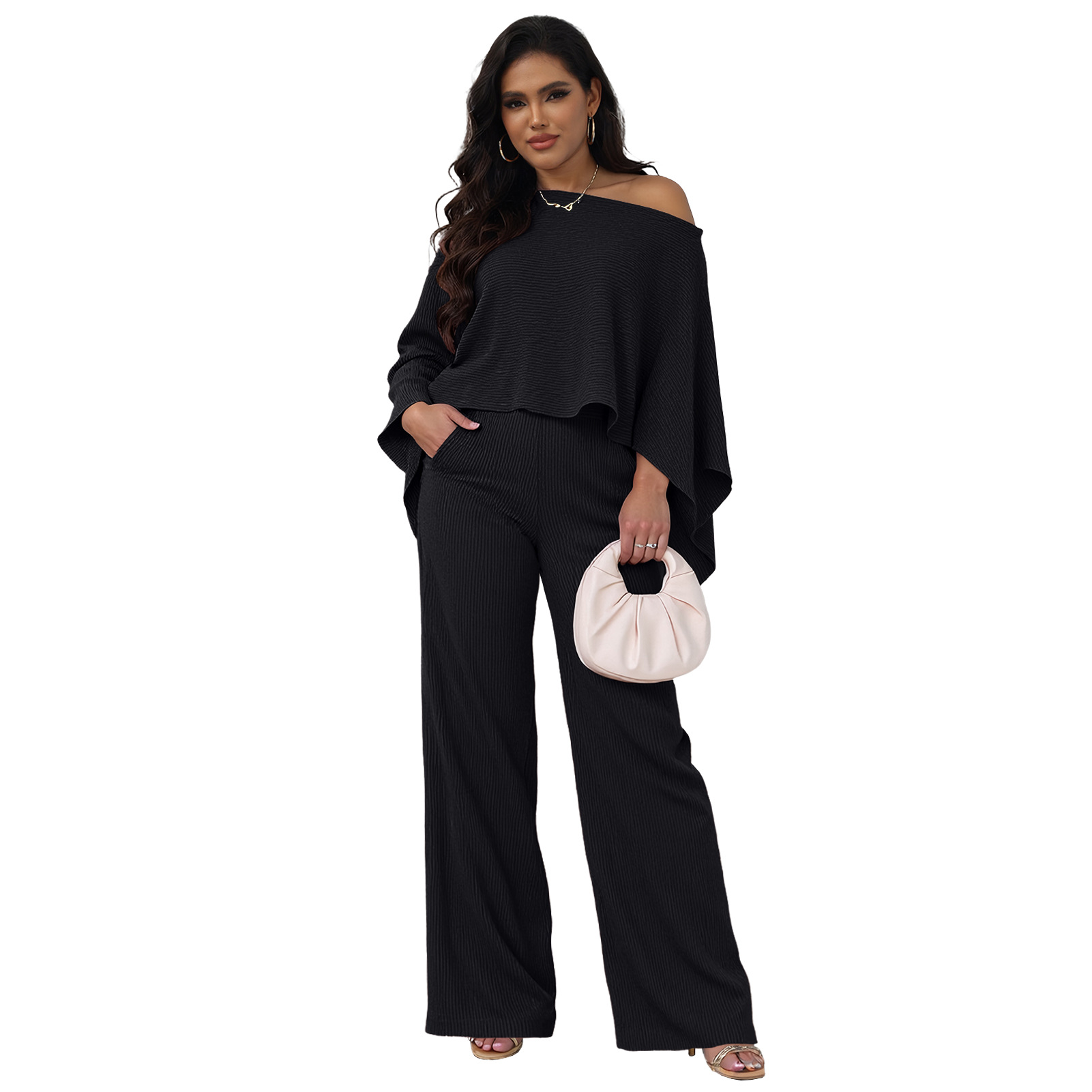 Women's Fashion Set Stretch Crinkle Bat Sleeve One-Sleeve Top Wide-Leg Pants
