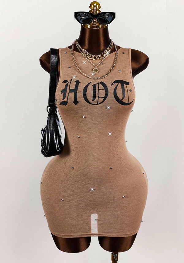 Women Print Sexy Stretchy Sleeveless Bodycon Dress