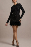 Women Sexy Long-Sleeved Solid Sequin Feather Round Neck Dress