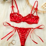 Women's Romantic Heart Print Embroidery See-Through Bow Lace-Up Mesh Satin Lingerie Set