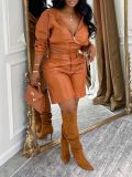Women's Autumn Winter Casual Fashion Hooded Leather Jacket and Shorts  Set