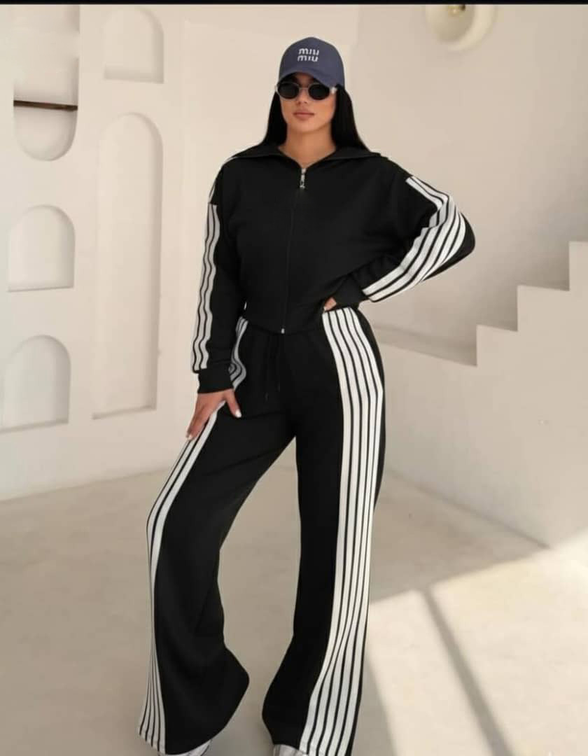 Women Color-Blocked Long-Sleeved Zipper Top and Pants Two-Piece Set