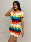 Women's Autumn Dress Color Block Turndown Collar Knitting Bodycon Sweater Slim