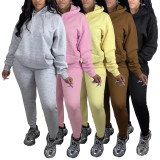Women's Autumn Winter Sportswear Solid Color Two-Piece Fleece Hooded Jogging Set