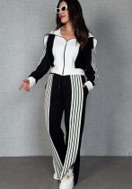 Women Color-Blocked Long-Sleeved Zipper Top and Pants Two-Piece Set
