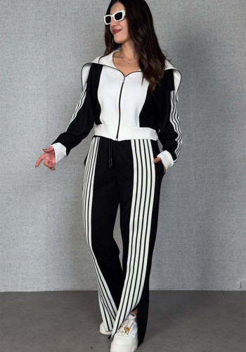 Women Color-Blocked Long-Sleeved Zipper Top and Pants Two-Piece Set