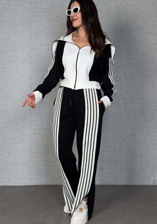 Women Color-Blocked Long-Sleeved Zipper Top and Pants Two-Piece Set