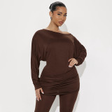 Women Autumn/Winter Asymmetrical Off-Shoulder Stacked Gathered Long-Sleeved Top and Cropped Pants Two-Piece Set