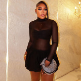 Women Solid Stand Collar Long-Sleeved Mini Pleated Dress