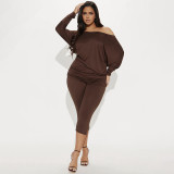Women Autumn/Winter Asymmetrical Off-Shoulder Stacked Gathered Long-Sleeved Top and Cropped Pants Two-Piece Set