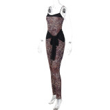 Women Winter Leopard Print Mesh Lace-Up Jumpsuit