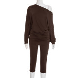 Women Autumn/Winter Asymmetrical Off-Shoulder Stacked Gathered Long-Sleeved Top and Cropped Pants Two-Piece Set