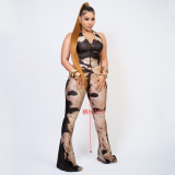 Women Sexy Print Halter Neck Tie-Up Bell Bottom Jumpsuits