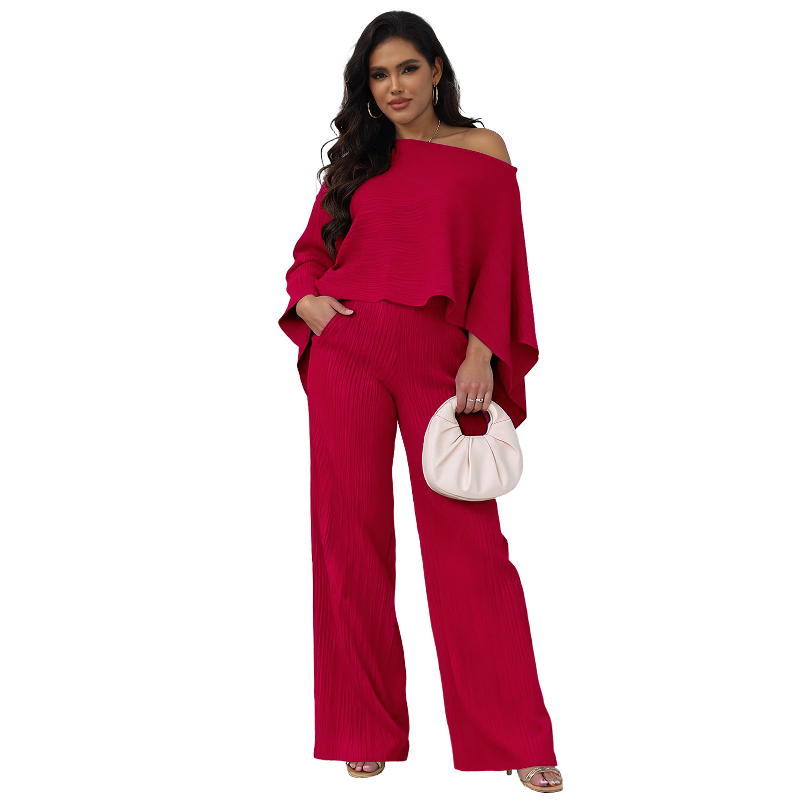 Women's Fashion Set Stretch Crinkle Bat Sleeve One-Sleeve Top Wide-Leg Pants