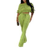 Women's Contrast Color Slim Stretch Top and Washed Long Pants Two-Piece Set