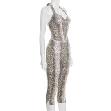 Women Autumn/Winter Elegant Sexy Sleeveless Snake Print Halter Jumpsuit