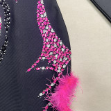 Women Rose Rhinestone Feather Bandage Dresses