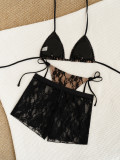 Women Lace Shorts Tie-Waist Sexy Bikini Three-Piece Swimsuit